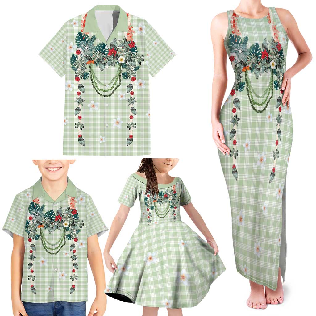 Sage Green Hawaiian Palaka Family Matching Tank Maxi Dress and Hawaiian Shirt Kukui Nut Money Lei LT9 - Polynesian Pride