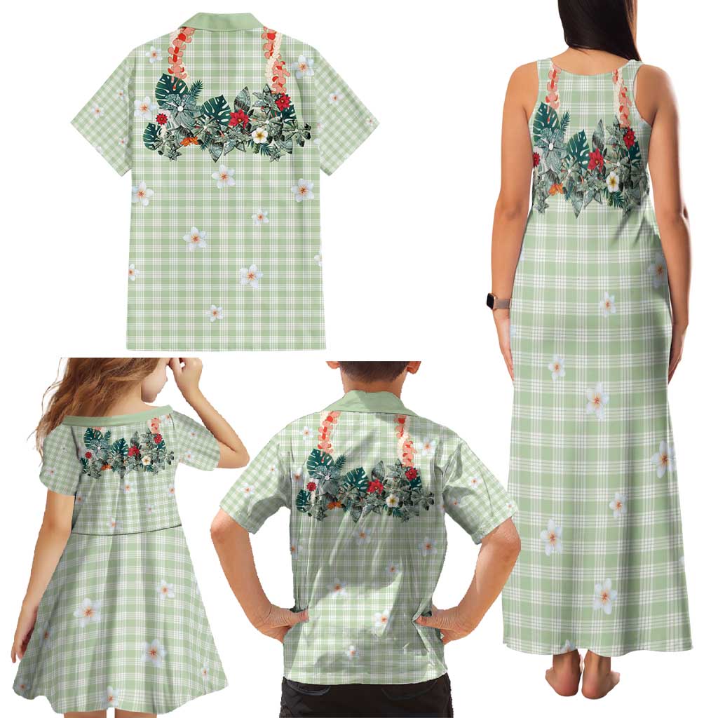 Sage Green Hawaiian Palaka Family Matching Tank Maxi Dress and Hawaiian Shirt Kukui Nut Money Lei LT9 - Polynesian Pride