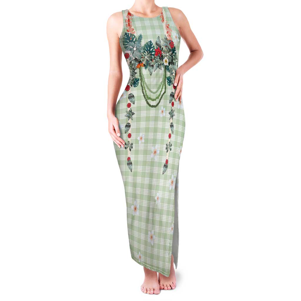 Sage Green Hawaiian Palaka Family Matching Tank Maxi Dress and Hawaiian Shirt Kukui Nut Money Lei LT9 Mom's Dress Green - Polynesian Pride