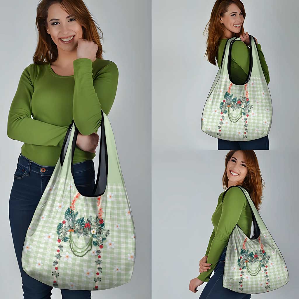 Sage Green Hawaiian Palaka Grocery Bag Kukui Nut Money Lei - Polynesian Pride