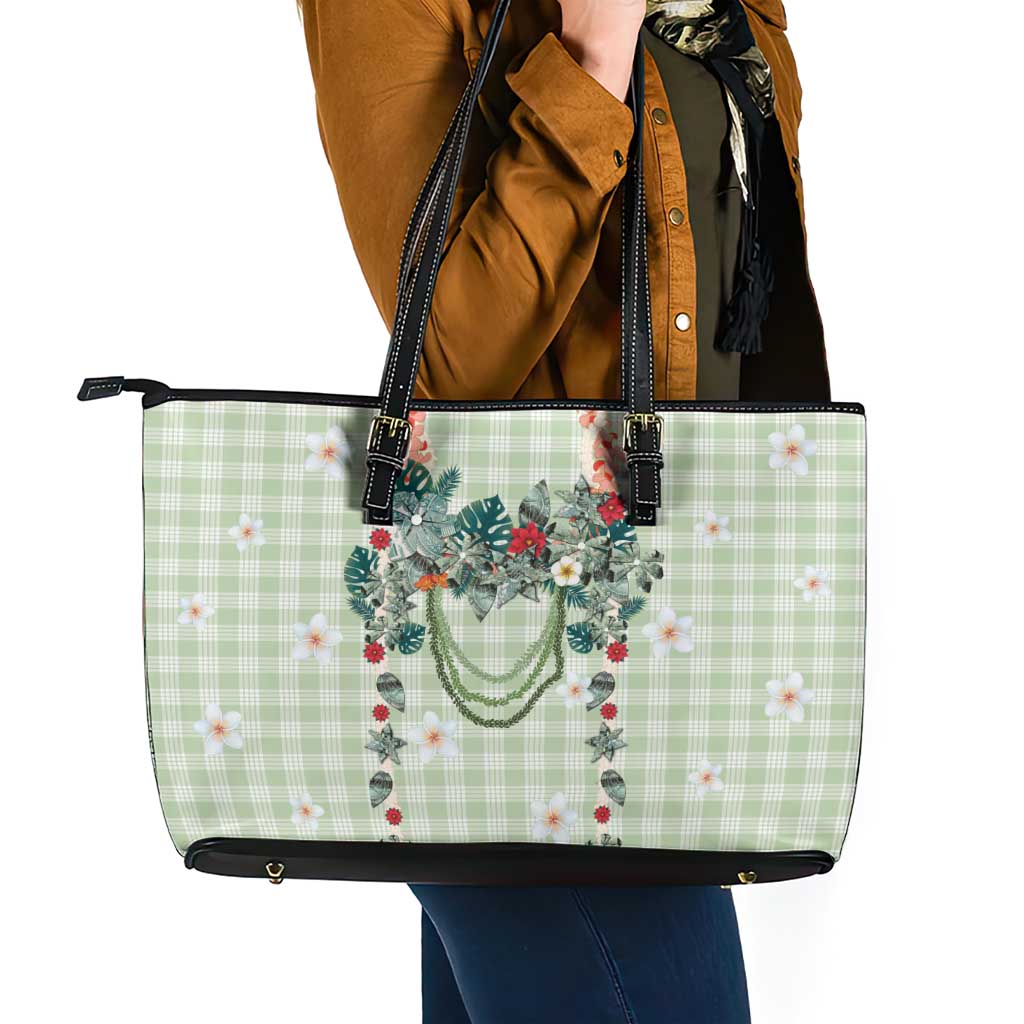 Sage Green Hawaiian Palaka Leather Tote Bag Kukui Nut Money Lei - Polynesian Pride