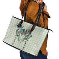 Sage Green Hawaiian Palaka Leather Tote Bag Kukui Nut Money Lei - Polynesian Pride