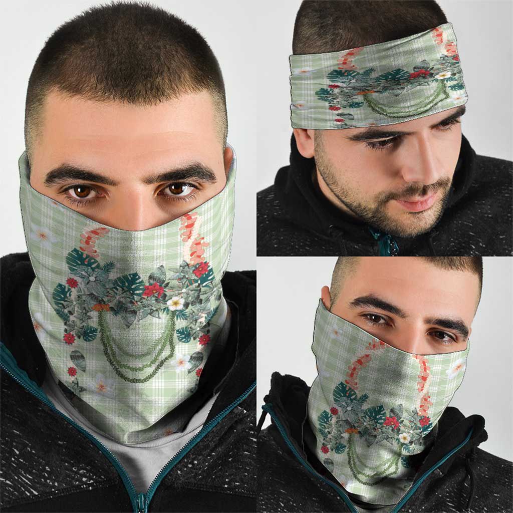 Sage Green Hawaiian Palaka Neck Gaiter Kukui Nut Money Lei - Polynesian Pride