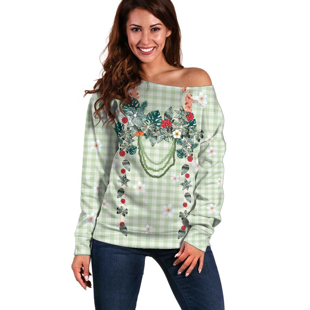 Sage Green Hawaiian Palaka Off Shoulder Sweater Kukui Nut Money Lei - Polynesian Pride
