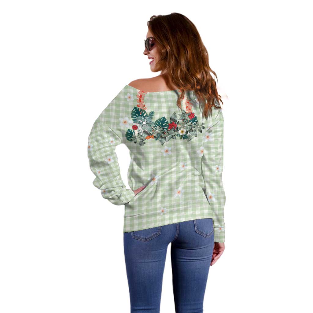Sage Green Hawaiian Palaka Off Shoulder Sweater Kukui Nut Money Lei - Polynesian Pride