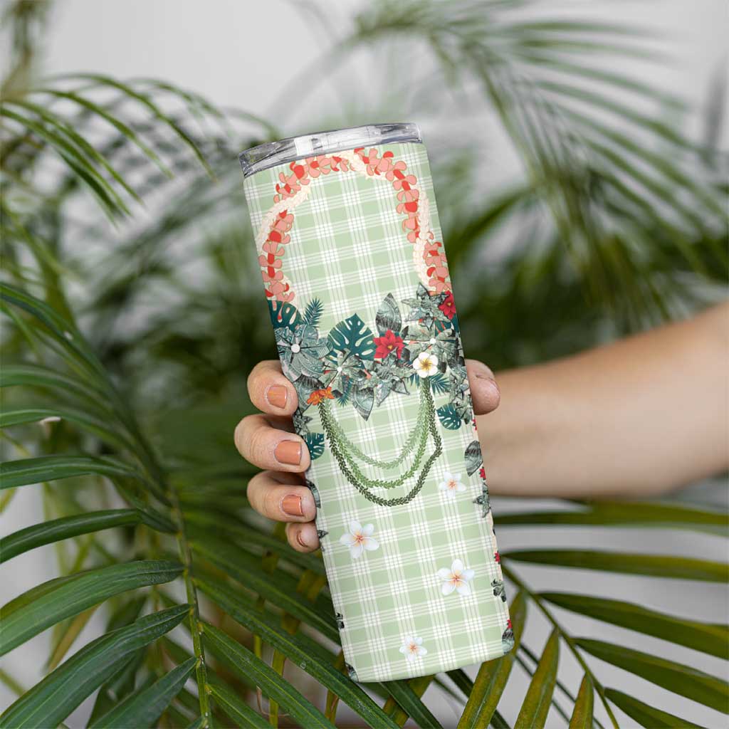Sage Green Hawaiian Palaka Skinny Tumbler Kukui Nut Money Lei - Polynesian Pride