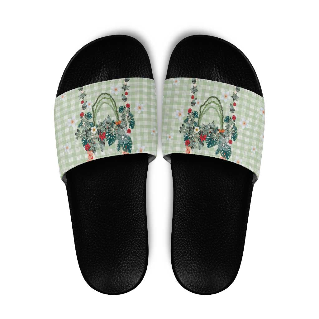 Sage Green Hawaiian Palaka Slide Sandals Kukui Nut Money Lei - Polynesian Pride