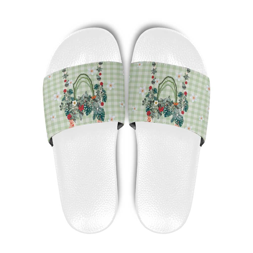 Sage Green Hawaiian Palaka Slide Sandals Kukui Nut Money Lei - Polynesian Pride