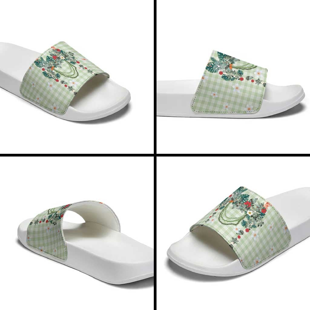 Sage Green Hawaiian Palaka Slide Sandals Kukui Nut Money Lei - Polynesian Pride