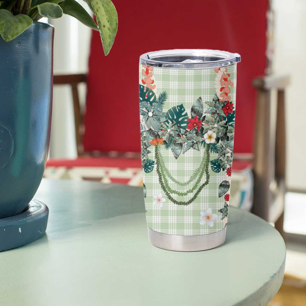 Sage Green Hawaiian Palaka Tumbler Cup Kukui Nut Money Lei - Polynesian Pride
