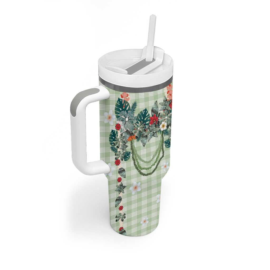 Sage Green Hawaiian Palaka Tumbler With Handle Kukui Nut Money Lei - Polynesian Pride