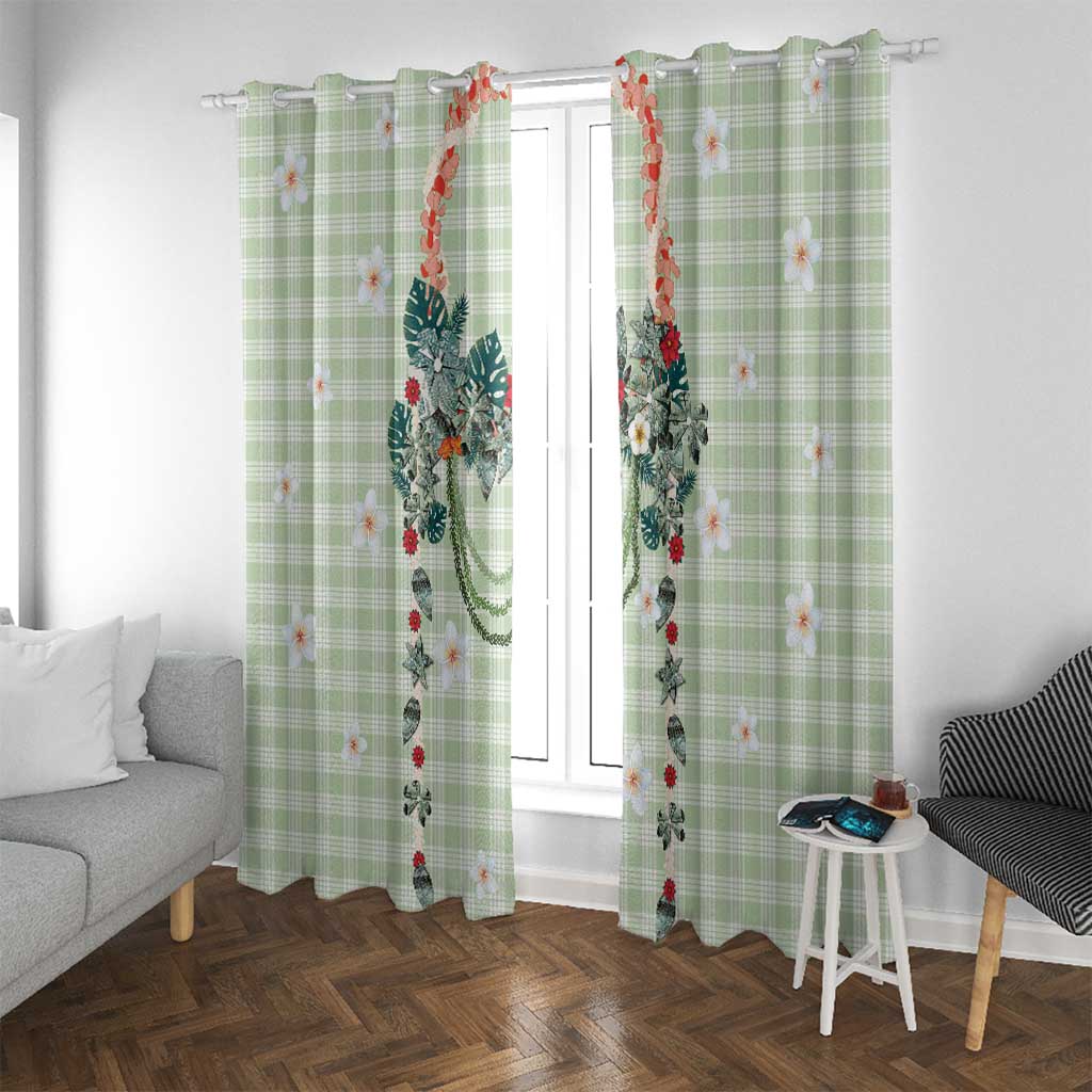 Sage Green Hawaiian Palaka Window Curtain Kukui Nut Money Lei - Polynesian Pride