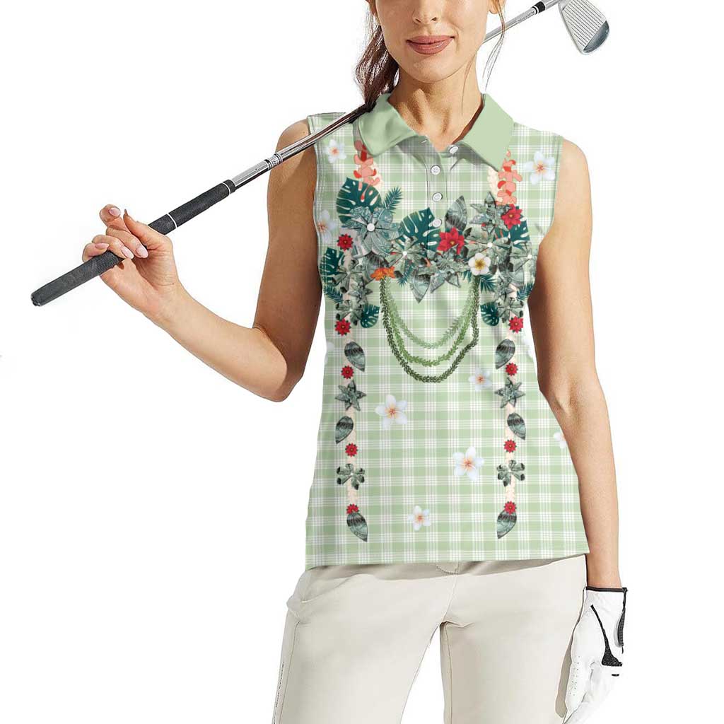 Sage Green Hawaiian Palaka Women Sleeveless Polo Shirt Kukui Nut Money Lei - Polynesian Pride