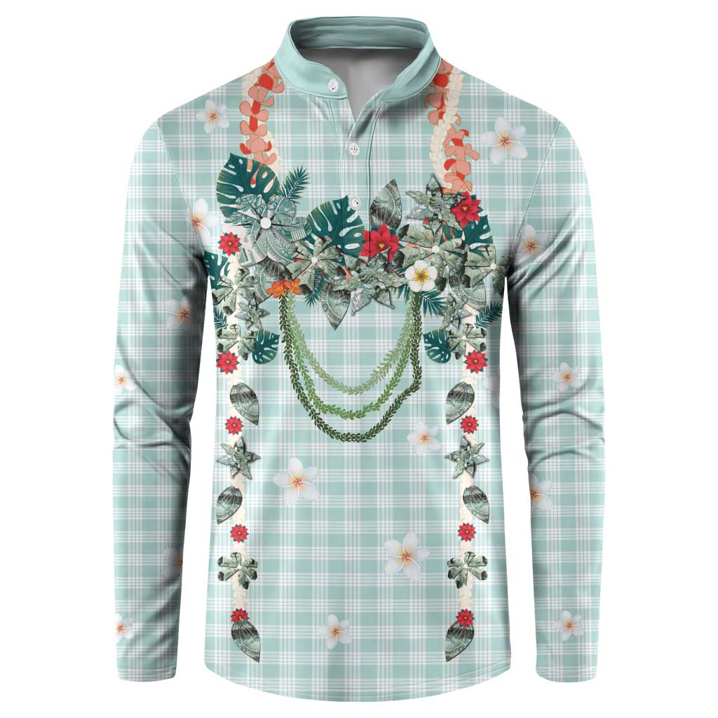 Turquoise Hawaiian Palaka Button Sweatshirt Kukui Nut Money Lei - Polynesian Pride