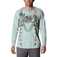 Turquoise Hawaiian Palaka Button Sweatshirt Kukui Nut Money Lei - Polynesian Pride