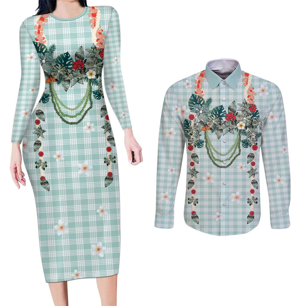 Turquoise Hawaiian Palaka Couples Matching Long Sleeve Bodycon Dress and Long Sleeve Button Shirt Kukui Nut Money Lei - Polynesian Pride