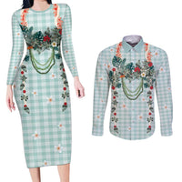 Turquoise Hawaiian Palaka Couples Matching Long Sleeve Bodycon Dress and Long Sleeve Button Shirt Kukui Nut Money Lei - Polynesian Pride