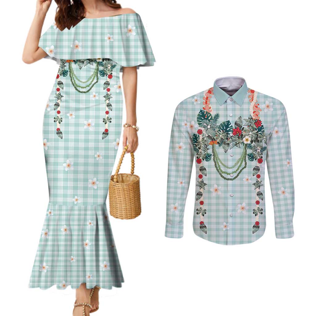 Turquoise Hawaiian Palaka Couples Matching Mermaid Dress and Long Sleeve Button Shirt Kukui Nut Money Lei - Polynesian Pride