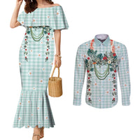 Turquoise Hawaiian Palaka Couples Matching Mermaid Dress and Long Sleeve Button Shirt Kukui Nut Money Lei - Polynesian Pride