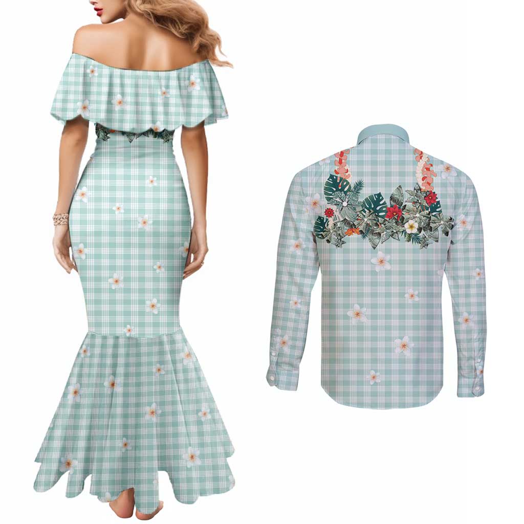 Turquoise Hawaiian Palaka Couples Matching Mermaid Dress and Long Sleeve Button Shirt Kukui Nut Money Lei - Polynesian Pride