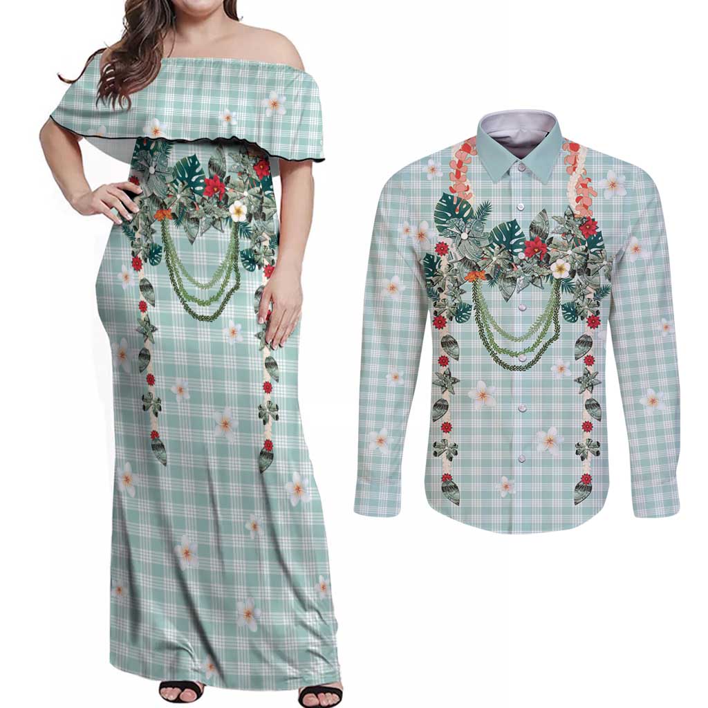 Turquoise Hawaiian Palaka Couples Matching Off Shoulder Maxi Dress and Long Sleeve Button Shirt Kukui Nut Money Lei - Polynesian Pride