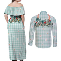 Turquoise Hawaiian Palaka Couples Matching Off Shoulder Maxi Dress and Long Sleeve Button Shirt Kukui Nut Money Lei - Polynesian Pride