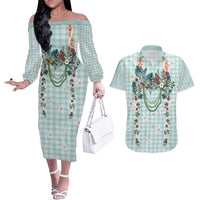 Turquoise Hawaiian Palaka Couples Matching Off The Shoulder Long Sleeve Dress and Hawaiian Shirt Kukui Nut Money Lei LT9 Turquoise - Polynesian Pride
