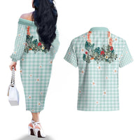Turquoise Hawaiian Palaka Couples Matching Off The Shoulder Long Sleeve Dress and Hawaiian Shirt Kukui Nut Money Lei LT9 - Polynesian Pride