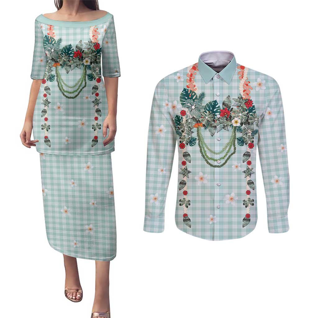 Turquoise Hawaiian Palaka Couples Matching Puletasi and Long Sleeve Button Shirt Kukui Nut Money Lei - Polynesian Pride