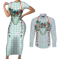 Turquoise Hawaiian Palaka Couples Matching Short Sleeve Bodycon Dress and Long Sleeve Button Shirt Kukui Nut Money Lei - Polynesian Pride