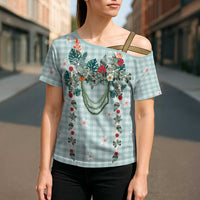 Turquoise Hawaiian Palaka Cross Shoulder Shirt Kukui Nut Money Lei - Polynesian Pride