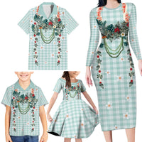 Turquoise Hawaiian Palaka Family Matching Long Sleeve Bodycon Dress and Hawaiian Shirt Kukui Nut Money Lei LT9 - Polynesian Pride