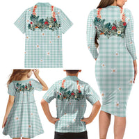 Turquoise Hawaiian Palaka Family Matching Long Sleeve Bodycon Dress and Hawaiian Shirt Kukui Nut Money Lei LT9 - Polynesian Pride