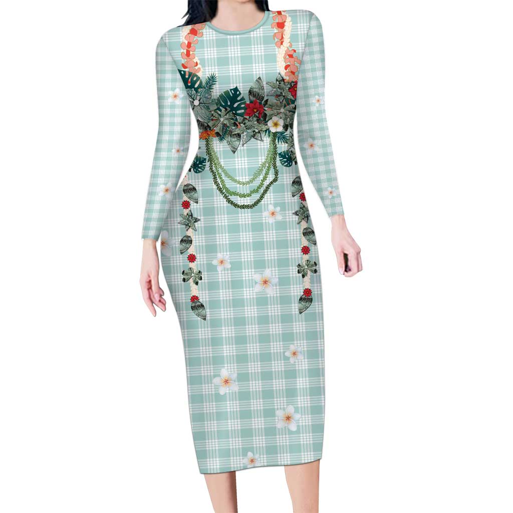 Turquoise Hawaiian Palaka Family Matching Long Sleeve Bodycon Dress and Hawaiian Shirt Kukui Nut Money Lei LT9 Mom's Dress Turquoise - Polynesian Pride
