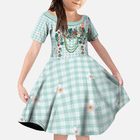 Turquoise Hawaiian Palaka Family Matching Mermaid Dress and Hawaiian Shirt Kukui Nut Money Lei LT9 Daughter's Dress Turquoise - Polynesian Pride