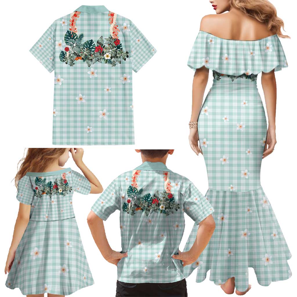 Turquoise Hawaiian Palaka Family Matching Mermaid Dress and Hawaiian Shirt Kukui Nut Money Lei LT9 - Polynesian Pride
