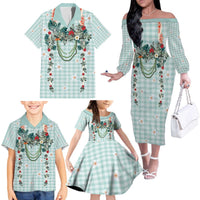 Turquoise Hawaiian Palaka Family Matching Off The Shoulder Long Sleeve Dress and Hawaiian Shirt Kukui Nut Money Lei LT9 - Polynesian Pride