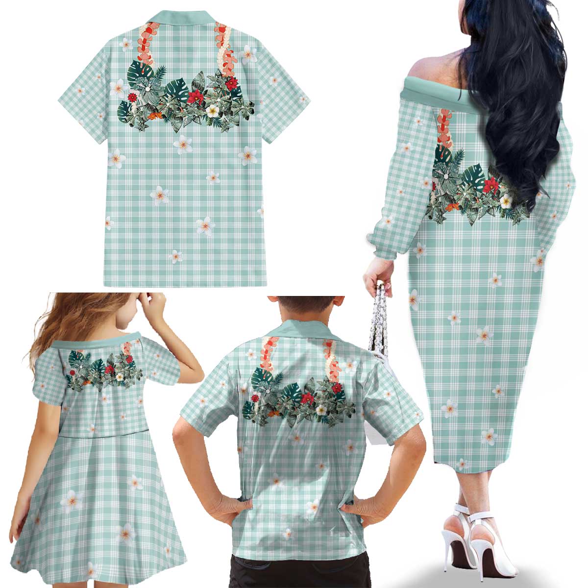 Turquoise Hawaiian Palaka Family Matching Off The Shoulder Long Sleeve Dress and Hawaiian Shirt Kukui Nut Money Lei LT9 - Polynesian Pride