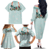 Turquoise Hawaiian Palaka Family Matching Off The Shoulder Long Sleeve Dress and Hawaiian Shirt Kukui Nut Money Lei LT9 - Polynesian Pride