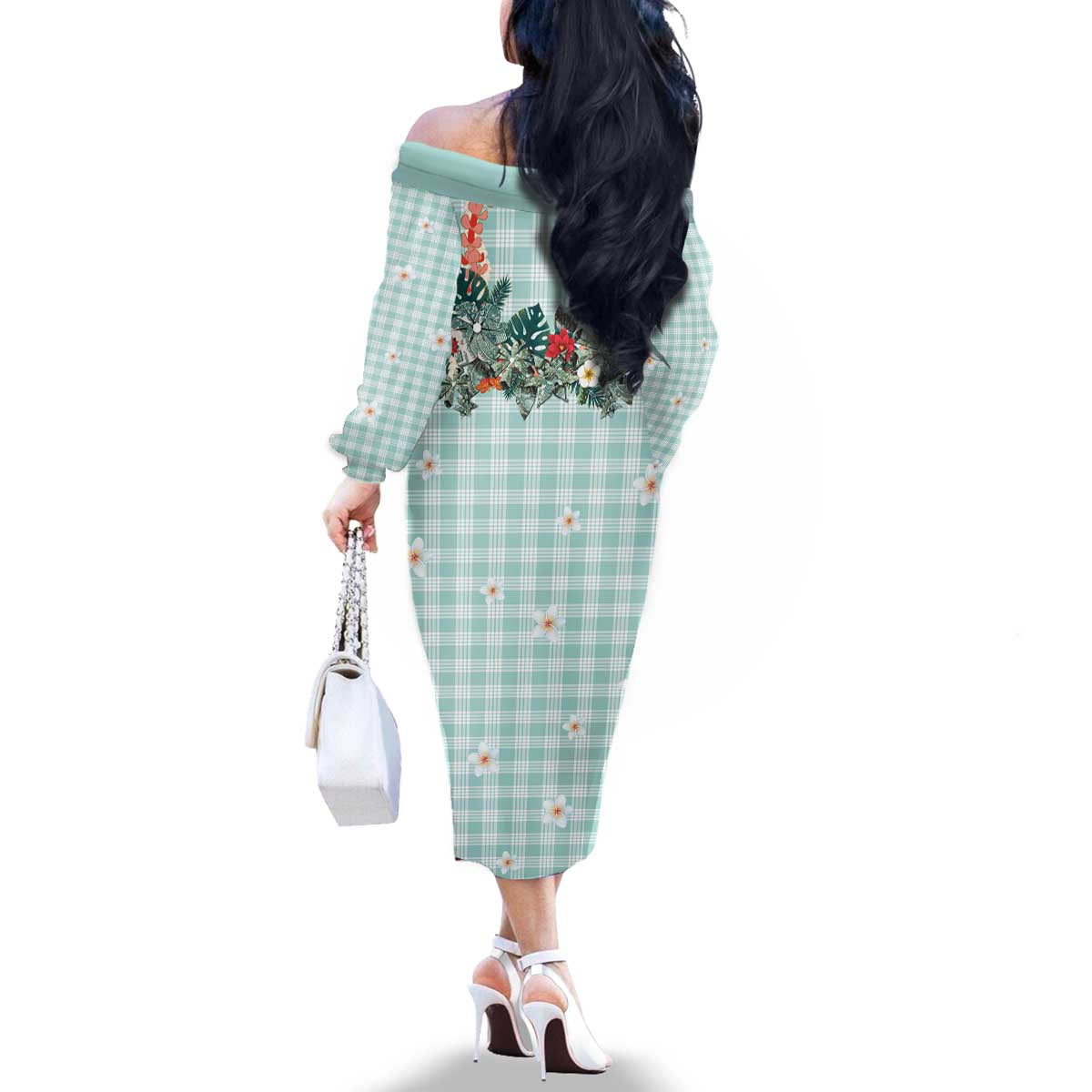 Turquoise Hawaiian Palaka Family Matching Off The Shoulder Long Sleeve Dress and Hawaiian Shirt Kukui Nut Money Lei LT9 - Polynesian Pride