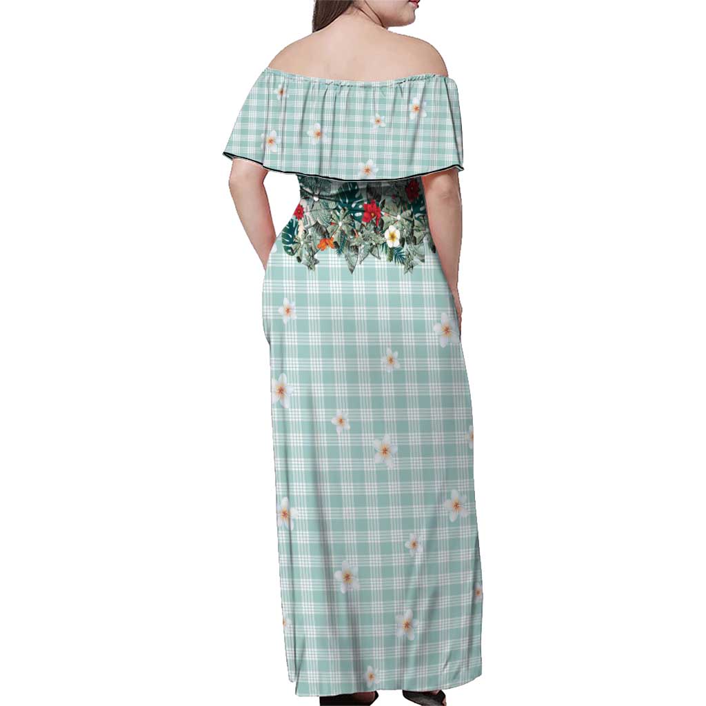Turquoise Hawaiian Palaka Family Matching Off Shoulder Maxi Dress and Hawaiian Shirt Kukui Nut Money Lei LT9 - Polynesian Pride