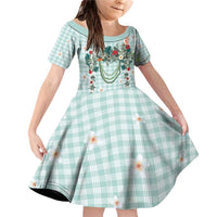 Turquoise Hawaiian Palaka Family Matching Off Shoulder Short Dress and Hawaiian Shirt Kukui Nut Money Lei LT9 Daughter's Dress Turquoise - Polynesian Pride