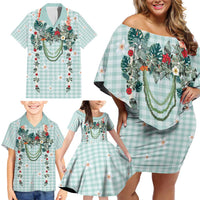 Turquoise Hawaiian Palaka Family Matching Off Shoulder Short Dress and Hawaiian Shirt Kukui Nut Money Lei LT9 - Polynesian Pride