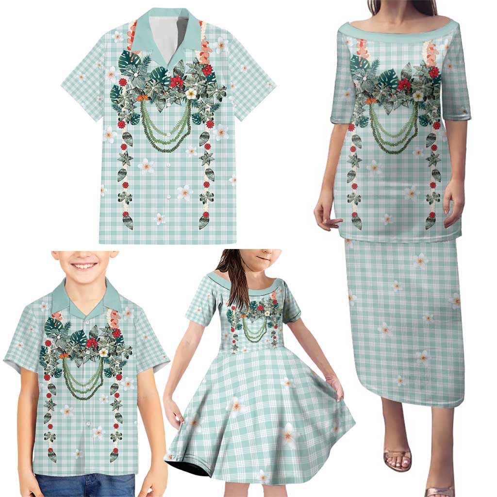 Turquoise Hawaiian Palaka Family Matching Puletasi and Hawaiian Shirt Kukui Nut Money Lei LT9 - Polynesian Pride