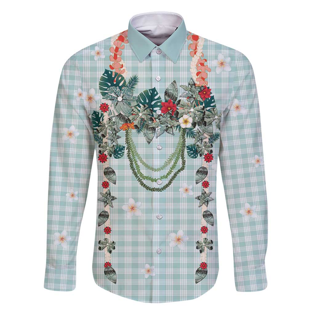 Turquoise Hawaiian Palaka Family Matching Puletasi and Hawaiian Shirt Kukui Nut Money Lei LT9 Dad's Shirt - Long Sleeve Turquoise - Polynesian Pride