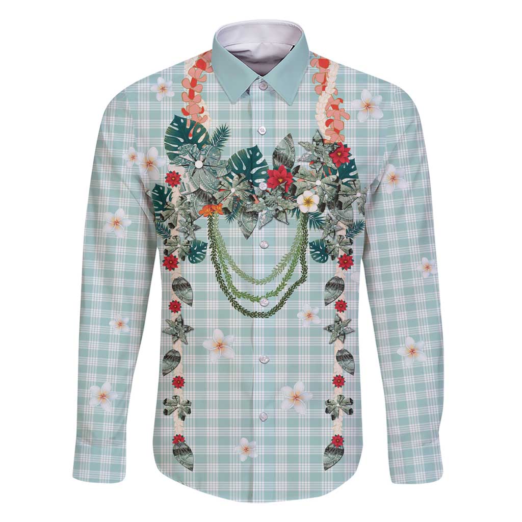 Turquoise Hawaiian Palaka Family Matching Short Sleeve Bodycon Dress and Hawaiian Shirt Kukui Nut Money Lei LT9 Dad's Shirt - Long Sleeve Turquoise - Polynesian Pride