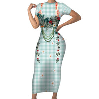 Turquoise Hawaiian Palaka Family Matching Short Sleeve Bodycon Dress and Hawaiian Shirt Kukui Nut Money Lei LT9 Mom's Dress Turquoise - Polynesian Pride