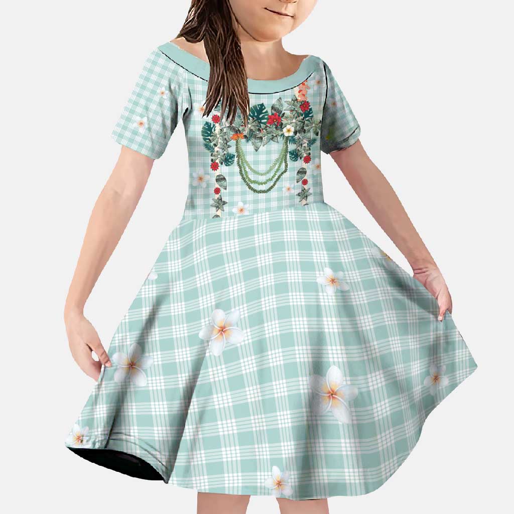 Turquoise Hawaiian Palaka Family Matching Tank Maxi Dress and Hawaiian Shirt Kukui Nut Money Lei LT9 Daughter's Dress Turquoise - Polynesian Pride