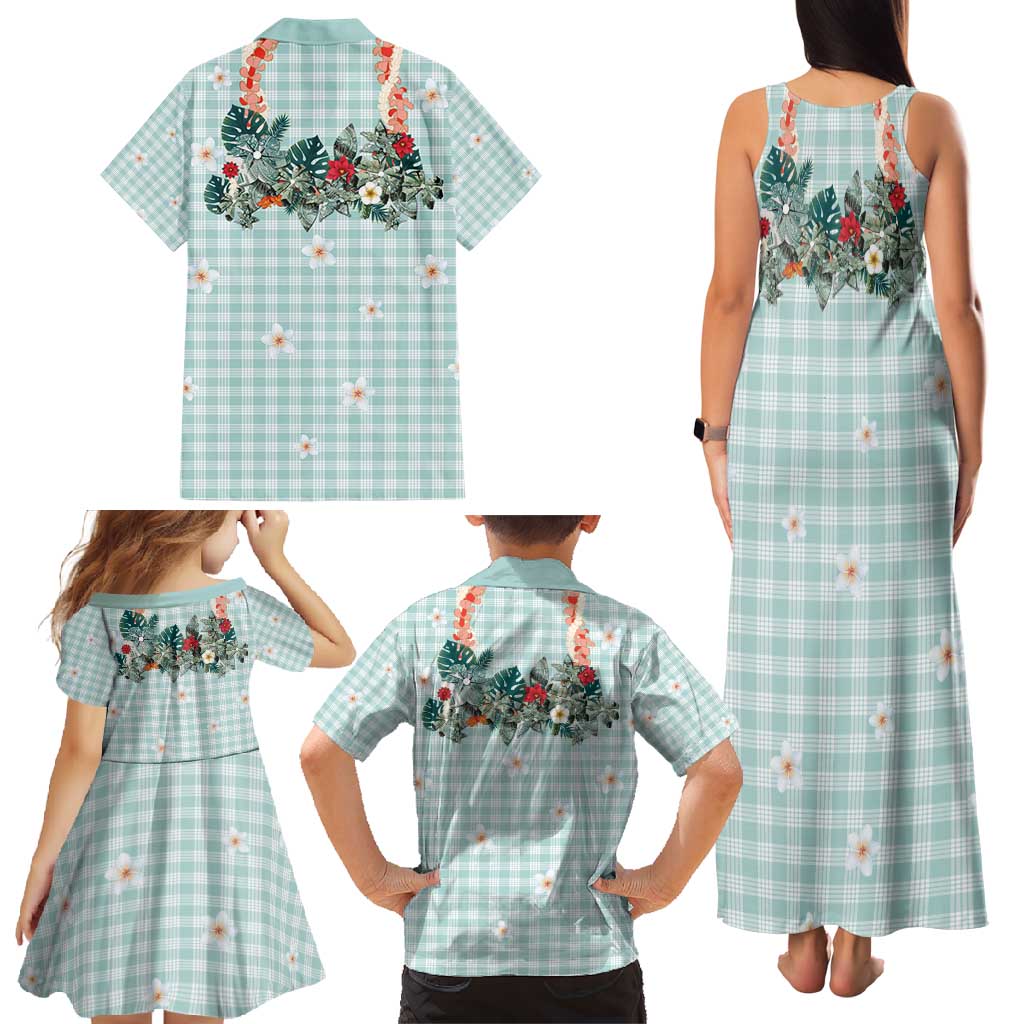 Turquoise Hawaiian Palaka Family Matching Tank Maxi Dress and Hawaiian Shirt Kukui Nut Money Lei LT9 - Polynesian Pride