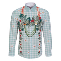 Turquoise Hawaiian Palaka Family Matching Tank Maxi Dress and Hawaiian Shirt Kukui Nut Money Lei LT9 Dad's Shirt - Long Sleeve Turquoise - Polynesian Pride
